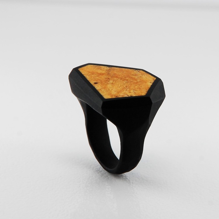 Frame ring with orange Baltic amber framed in matte black resin. ring size 17, Monopolka